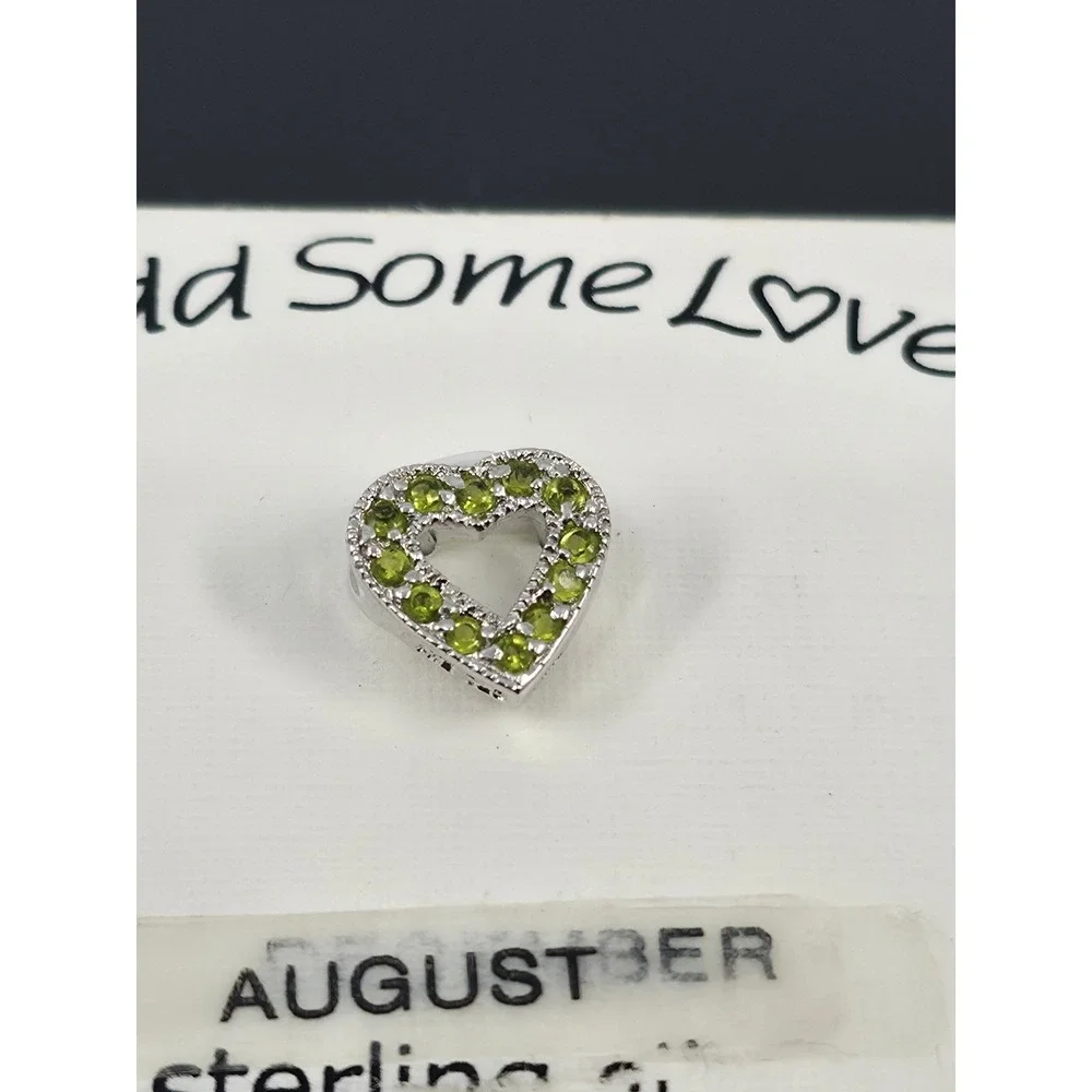 August Birthstone Heart Pendant Sterling Silver Green Peridot Color Charm - Picture 2 of 5